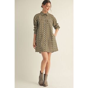 237. Geo Print With Avocado Green Trim Cotton Shirt dress